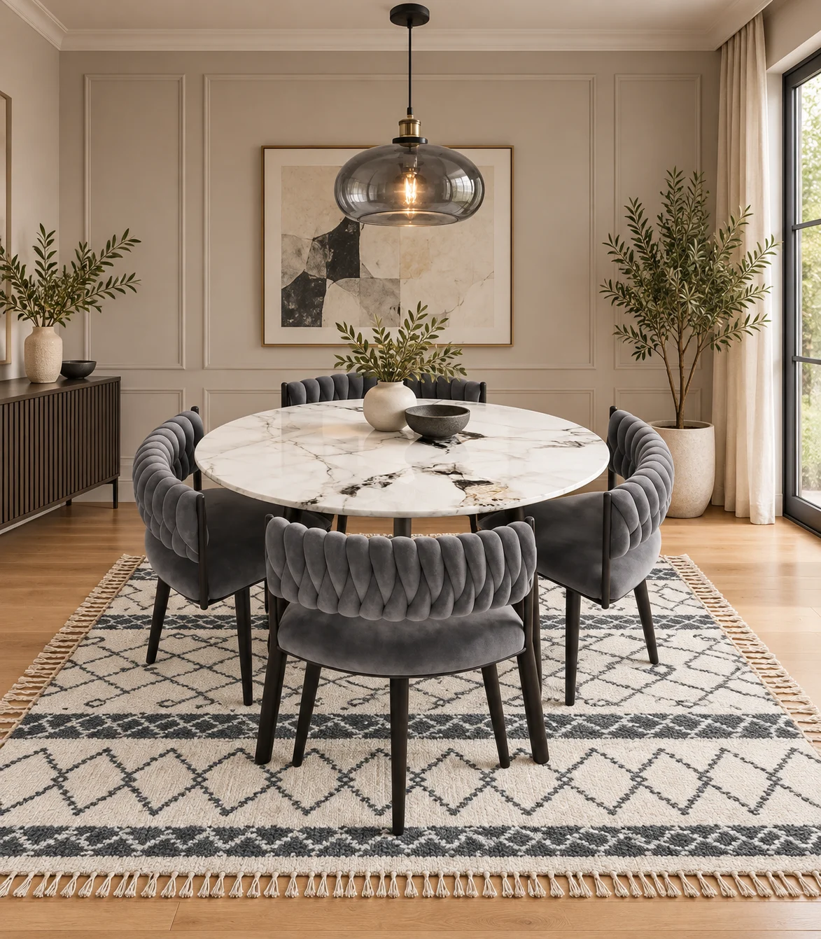Round marble dining set with four grey chairs, smoky pendant light and geometric rug