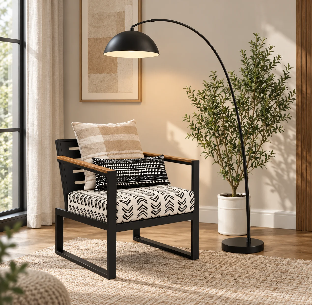 Patterned lounge chair with arched floor lamp and potted plant in a modern reading corner