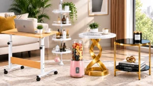 A modern living room featuring a rolling laptop table, white tiered corner rack, pink portable blender, white marble-and-gold side table, and black-and-gold Nordic side table, arranged on a light rug with minimal décor and soft natural lighting.