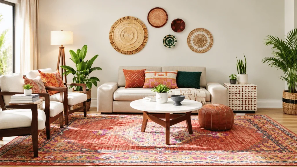 Bright, modern boho living room featuring a beige sofa with colorful patterned cushions, wooden armchairs, a round white coffee table, a richly patterned red rug, indoor plants, woven wall décor, and warm natural accents.