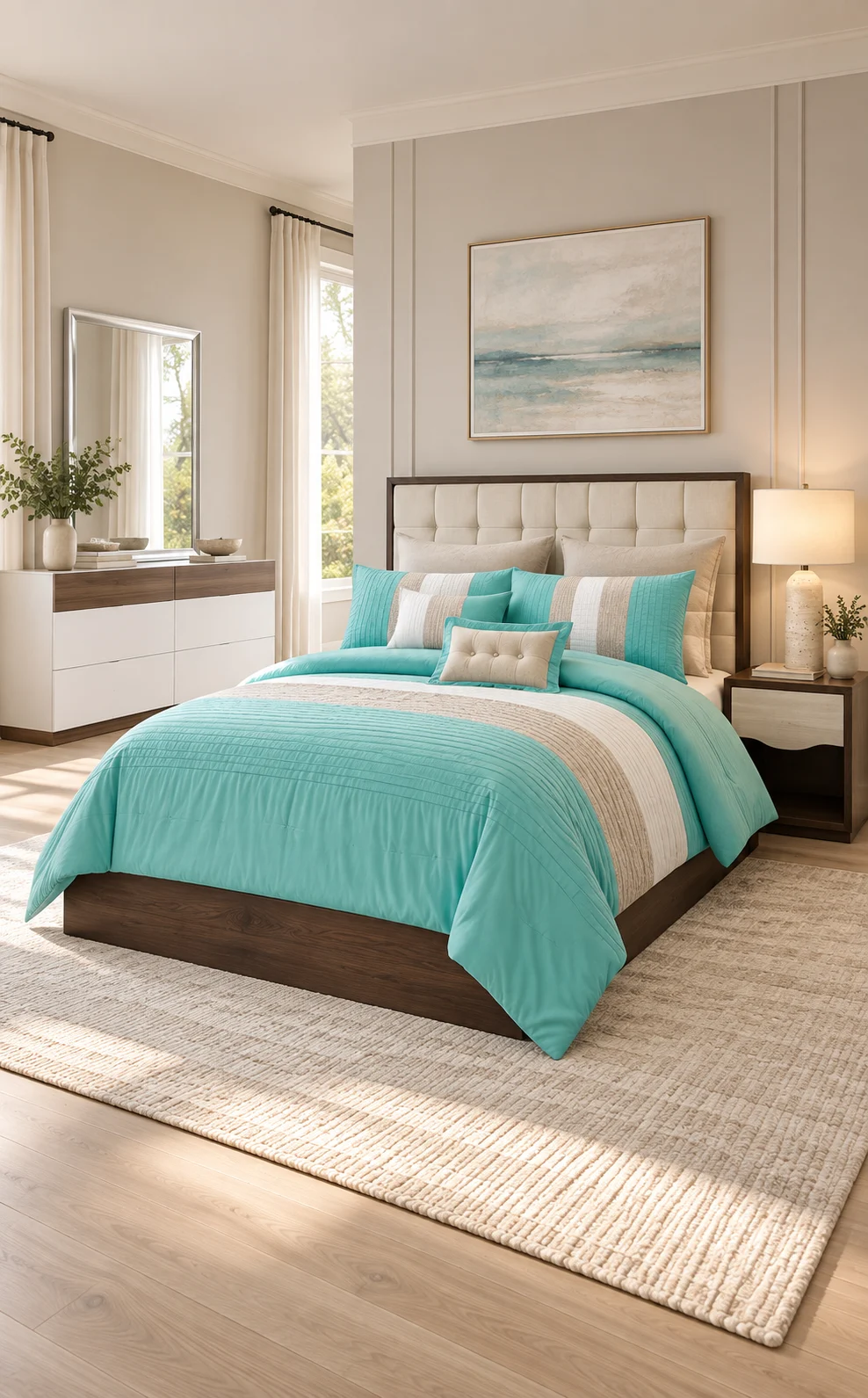 Turquoise bedding on a dark wooden bed with bedside lamp and dresser in a refined bedroom