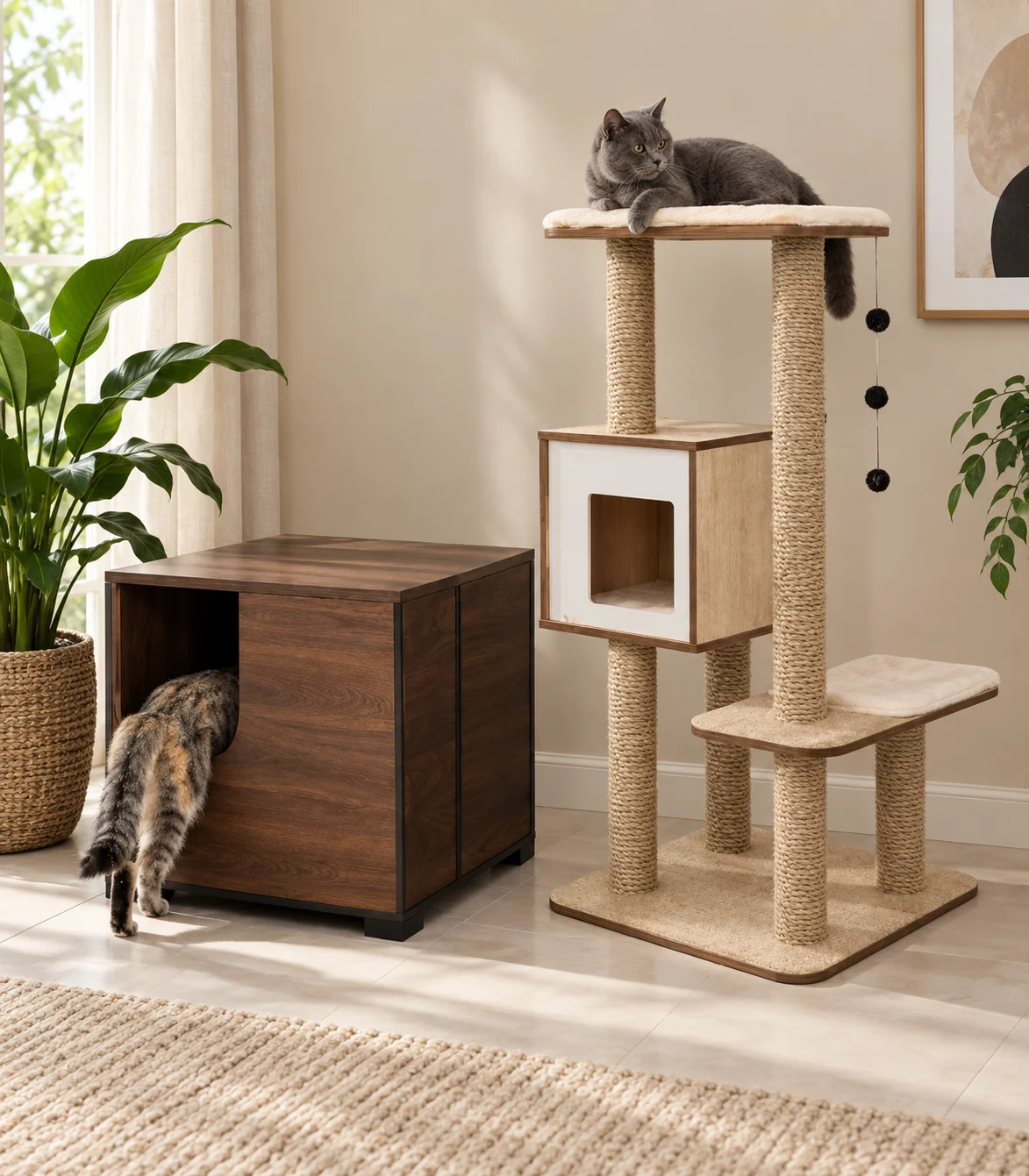 Walnut cat house and beige climbing tree with cats in a modern pet-care corner