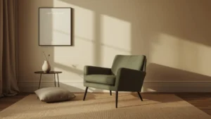 A warm Scandinavian lounge chair symbolizing quiet discomfort and premature acceptance in The Chair That Ruined My Life series