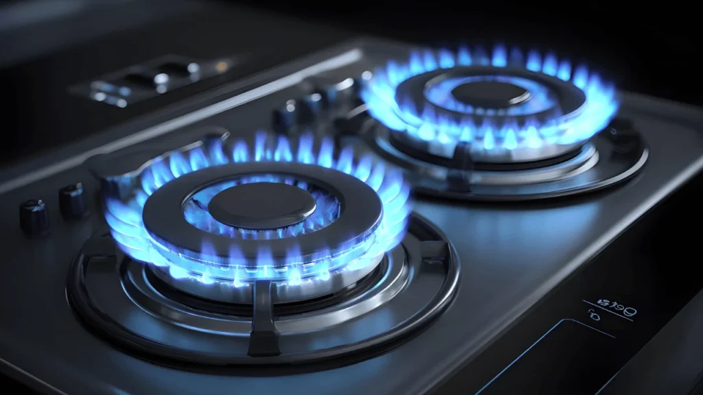 Close-up of a modern gas cooktop with two burners lit, showing bright blue flames on a sleek black surface.