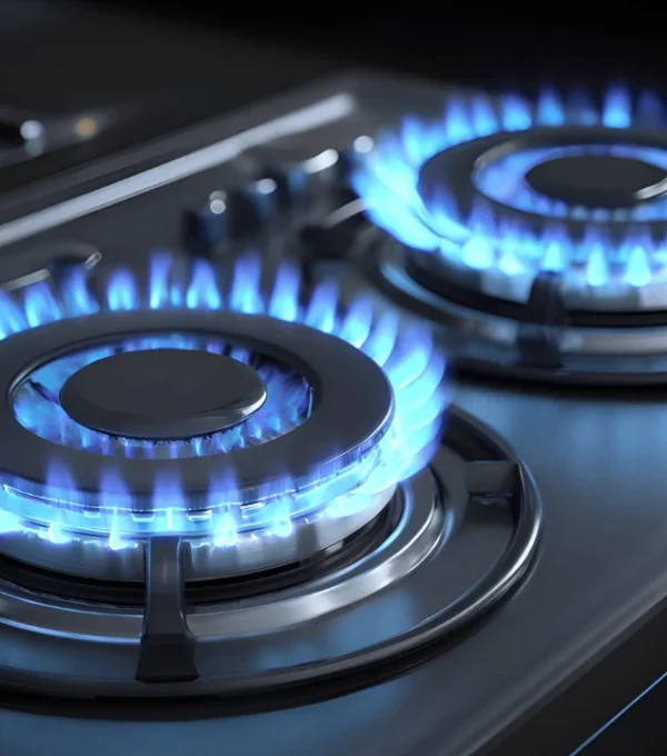 Close-up of a modern gas cooktop with two burners lit, showing bright blue flames on a sleek black surface.